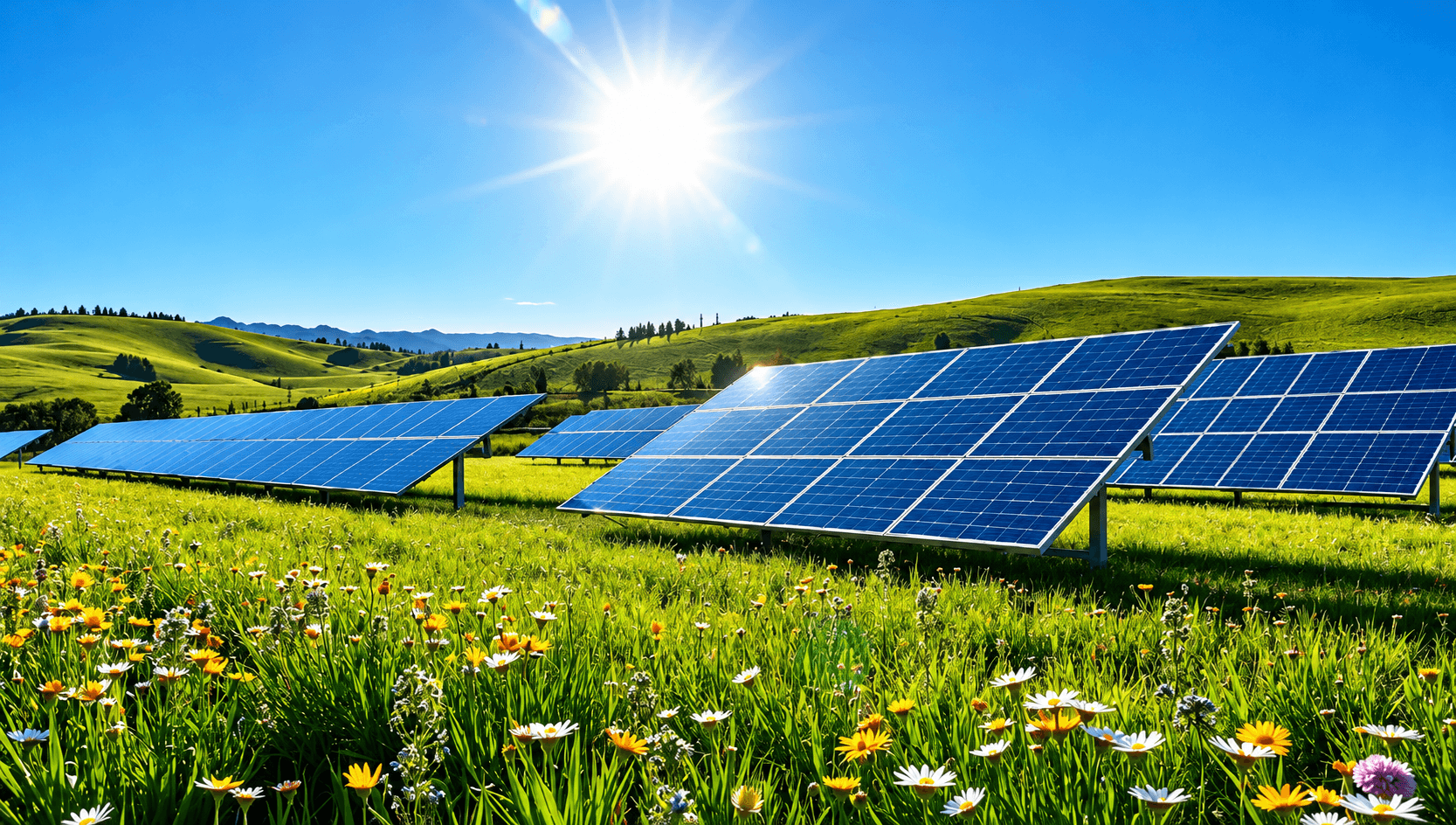 Painéis solares em uma paisagem rural iluminada pelo sol